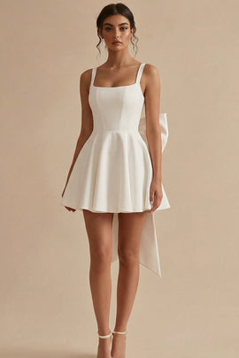 White Short Square Neck A Line Graduation Dress with Bow