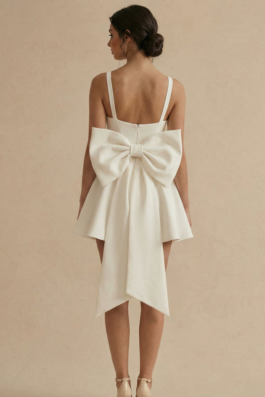 White Short Square Neck A Line Graduation Dress with Bow
