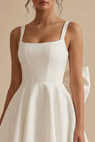 White Short Square Neck A Line Graduation Dress with Bow