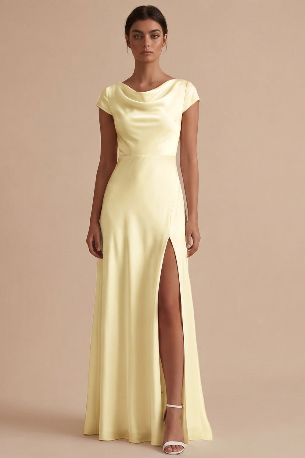 White Long Sheath Cowl Neck Engagement Dress with Slit