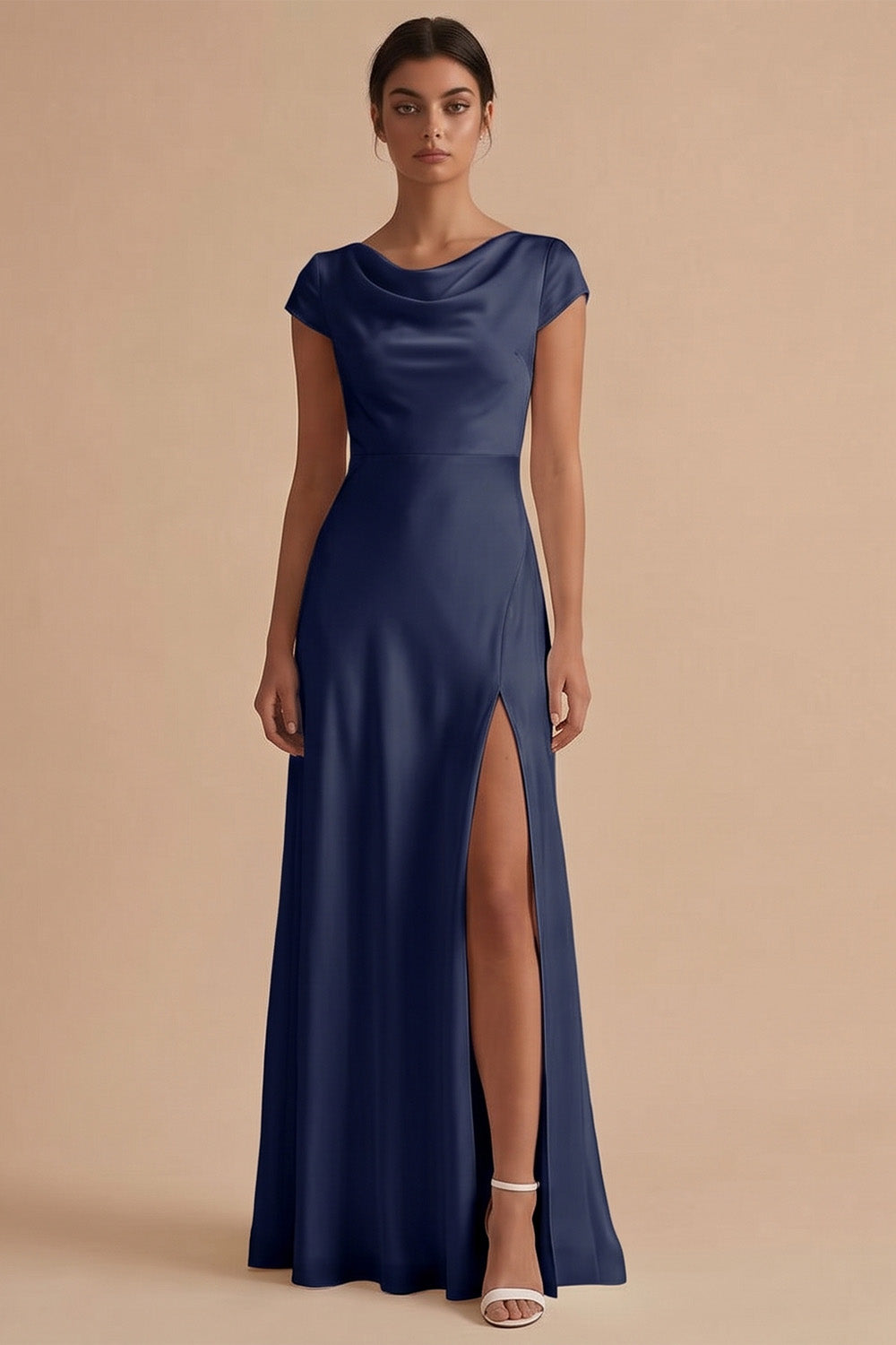 White Long Sheath Cowl Neck Engagement Dress with Slit