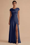 White Long Sheath Cowl Neck Engagement Dress with Slit