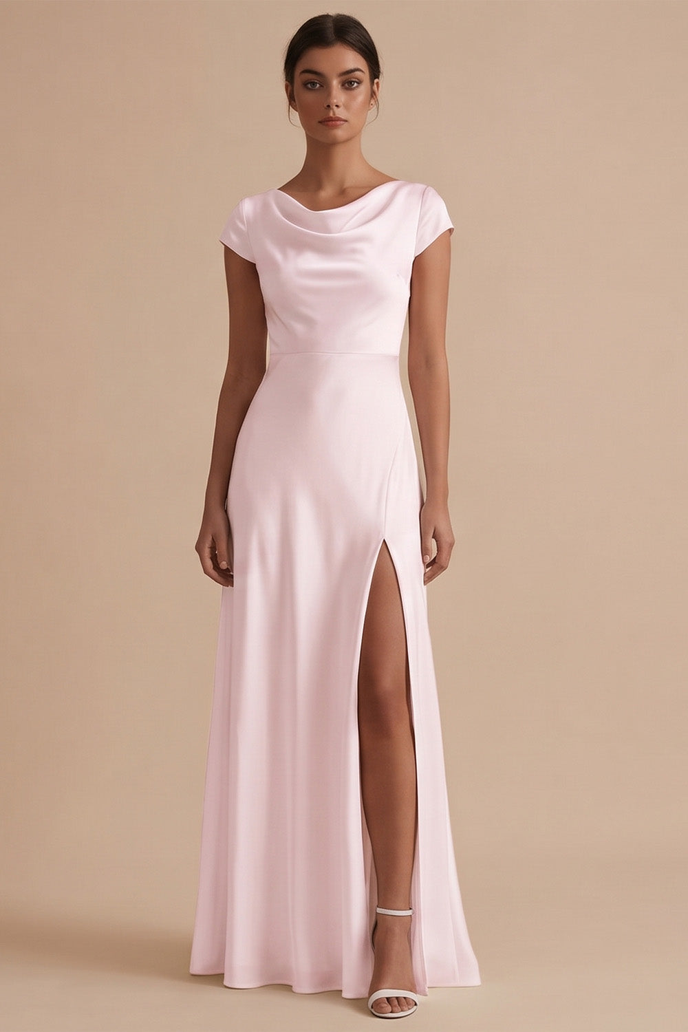 White Long Sheath Cowl Neck Engagement Dress with Slit