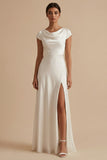 White Long Sheath Cowl Neck Engagement Dress with Slit
