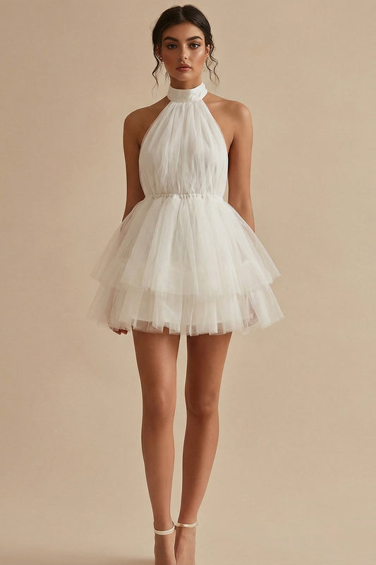 White Short A Line Round Neck Tulle Graduation Dress
