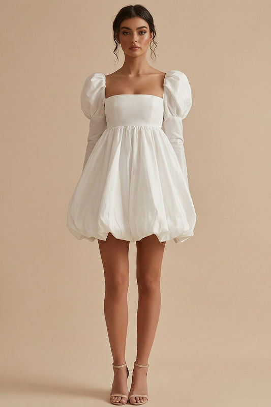 White Short A Line Square Neck Puff Sleeves Bubble Hem Graduation Dress