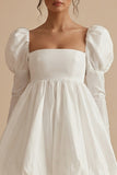 White Short A Line Square Neck Puff Sleeves Bubble Hem Graduation Dress