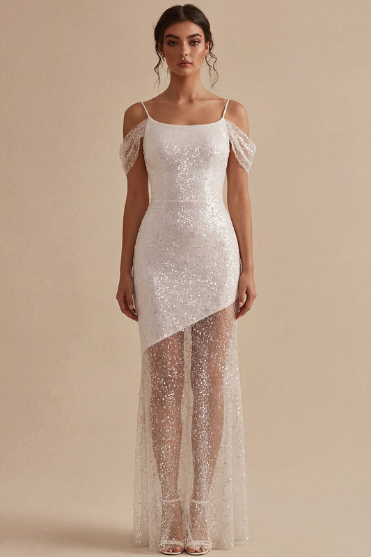 Sparkly White Long Cold Shoulder Sheath Engagement Dress with Sequins