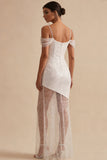 Sparkly White Long Cold Shoulder Sheath Engagement Dress with Sequins
