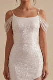 Sparkly White Long Cold Shoulder Sheath Engagement Dress with Sequins