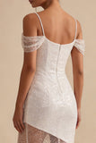 Sparkly White Long Cold Shoulder Sheath Engagement Dress with Sequins