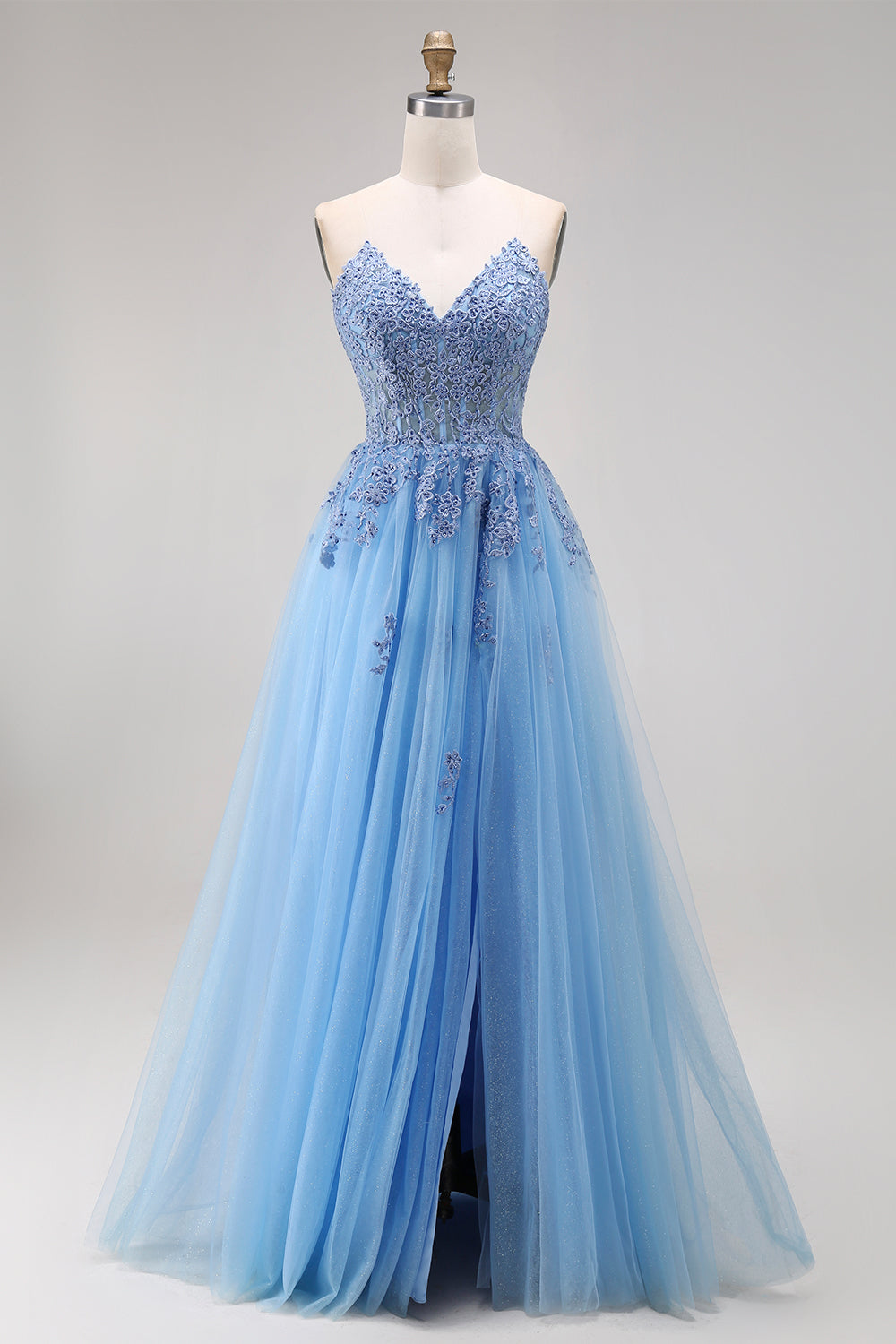 A Line Corset Appliqued Blue Floral Long Prom Dress with Slit