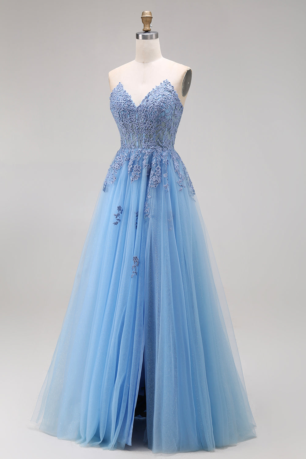 A Line Corset Appliqued Blue Floral Long Prom Dress with Slit