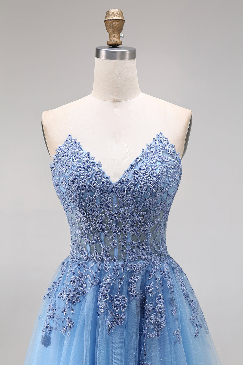 A Line Corset Appliqued Blue Floral Long Prom Dress with Slit