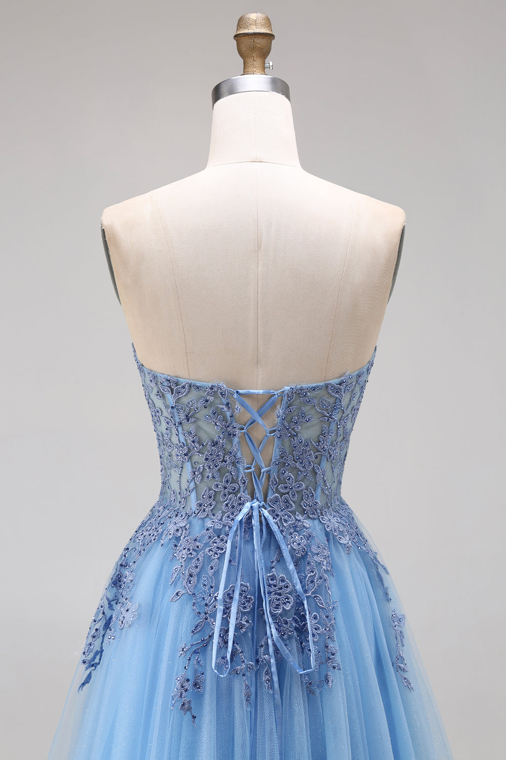 A Line Corset Appliqued Blue Floral Long Prom Dress with Slit