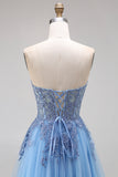 A Line Corset Appliqued Blue Floral Long Prom Dress with Slit