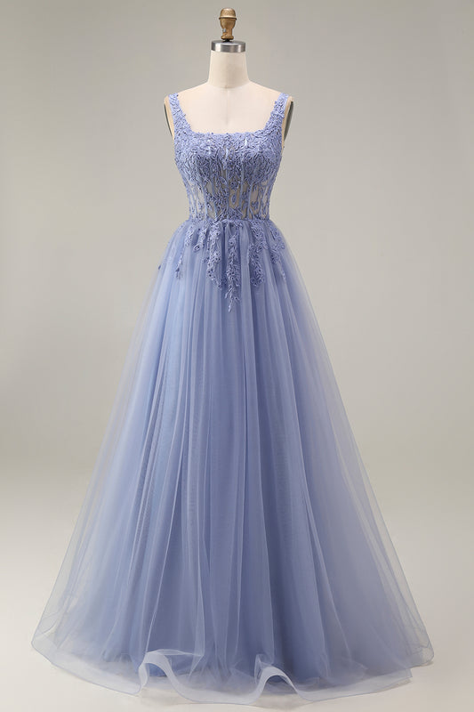 Corset A Line Appliqued Dusty Lavender Floral Long Prom Dress