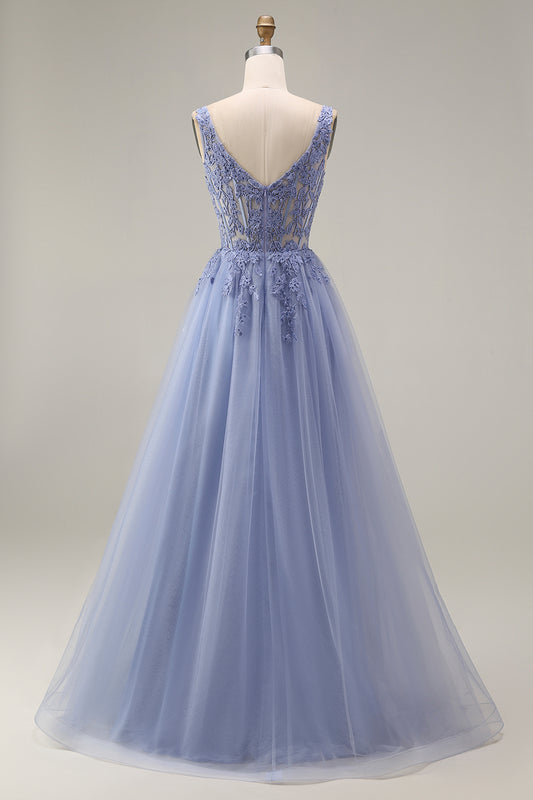 Corset A Line Appliqued Dusty Lavender Floral Long Prom Dress