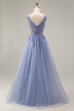 Corset A Line Appliqued Dusty Lavender Floral Long Prom Dress