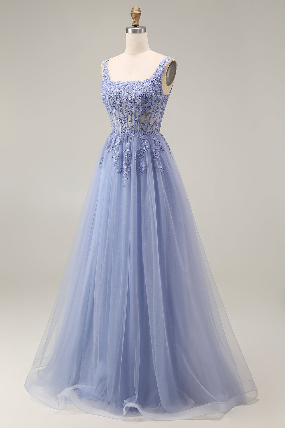 Zapakasa Women Dusty Lavender Tulle Floral Corset Long Prom Dress A