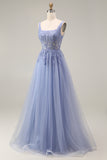 Corset A Line Appliqued Dusty Lavender Floral Long Prom Dress