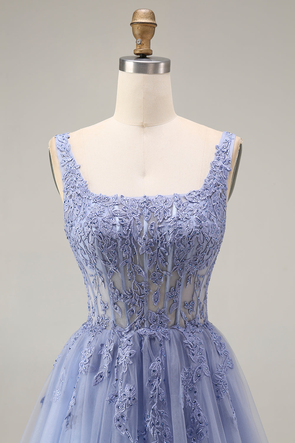 Corset A Line Appliqued Dusty Lavender Floral Long Prom Dress