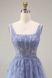 Corset A Line Appliqued Dusty Lavender Floral Long Prom Dress
