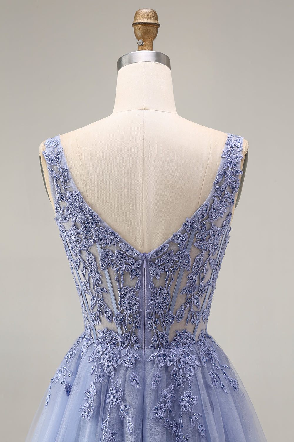 Corset A Line Appliqued Dusty Lavender Floral Long Prom Dress