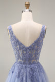 Corset A Line Appliqued Dusty Lavender Floral Long Prom Dress