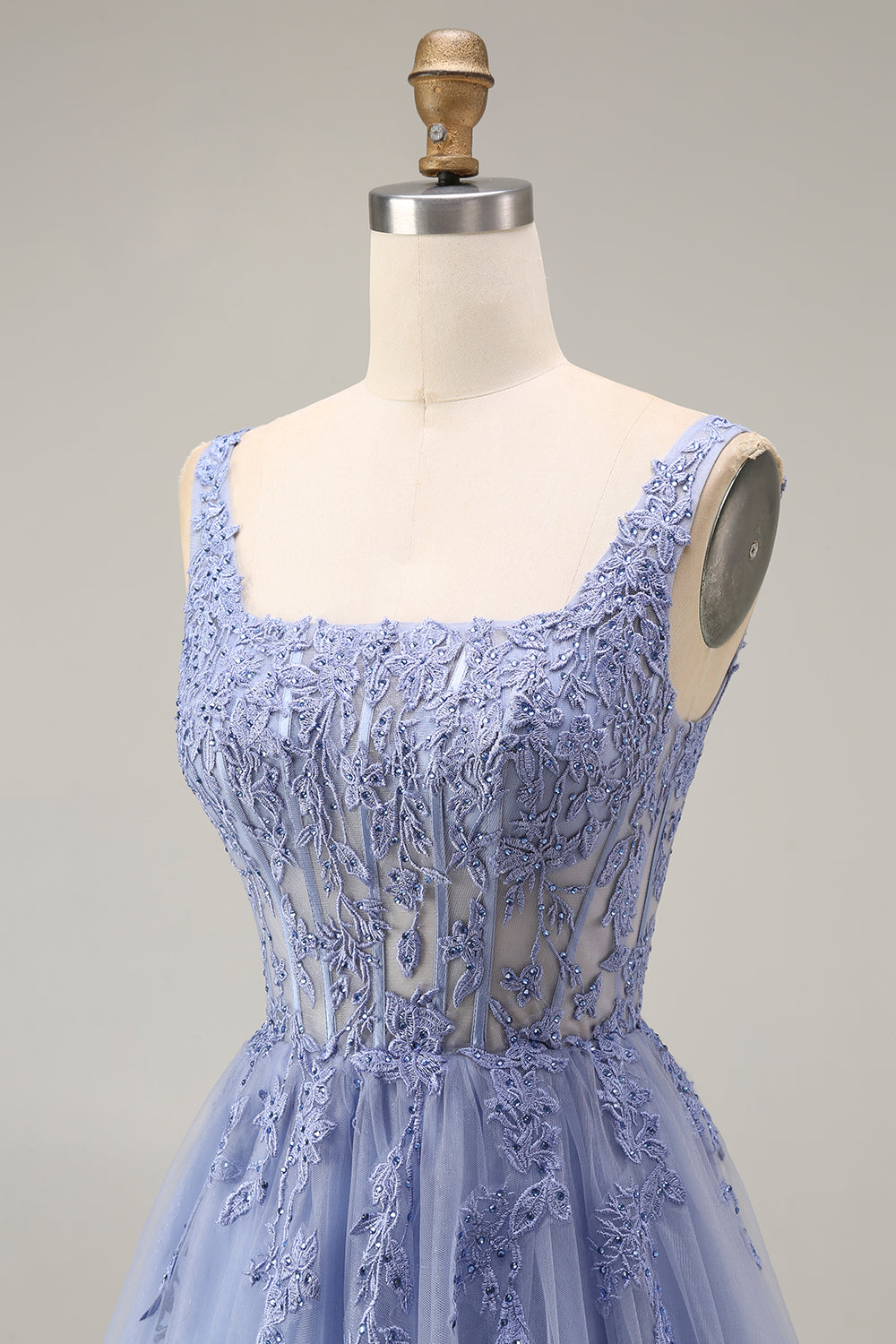 Corset A Line Appliqued Dusty Lavender Floral Long Prom Dress