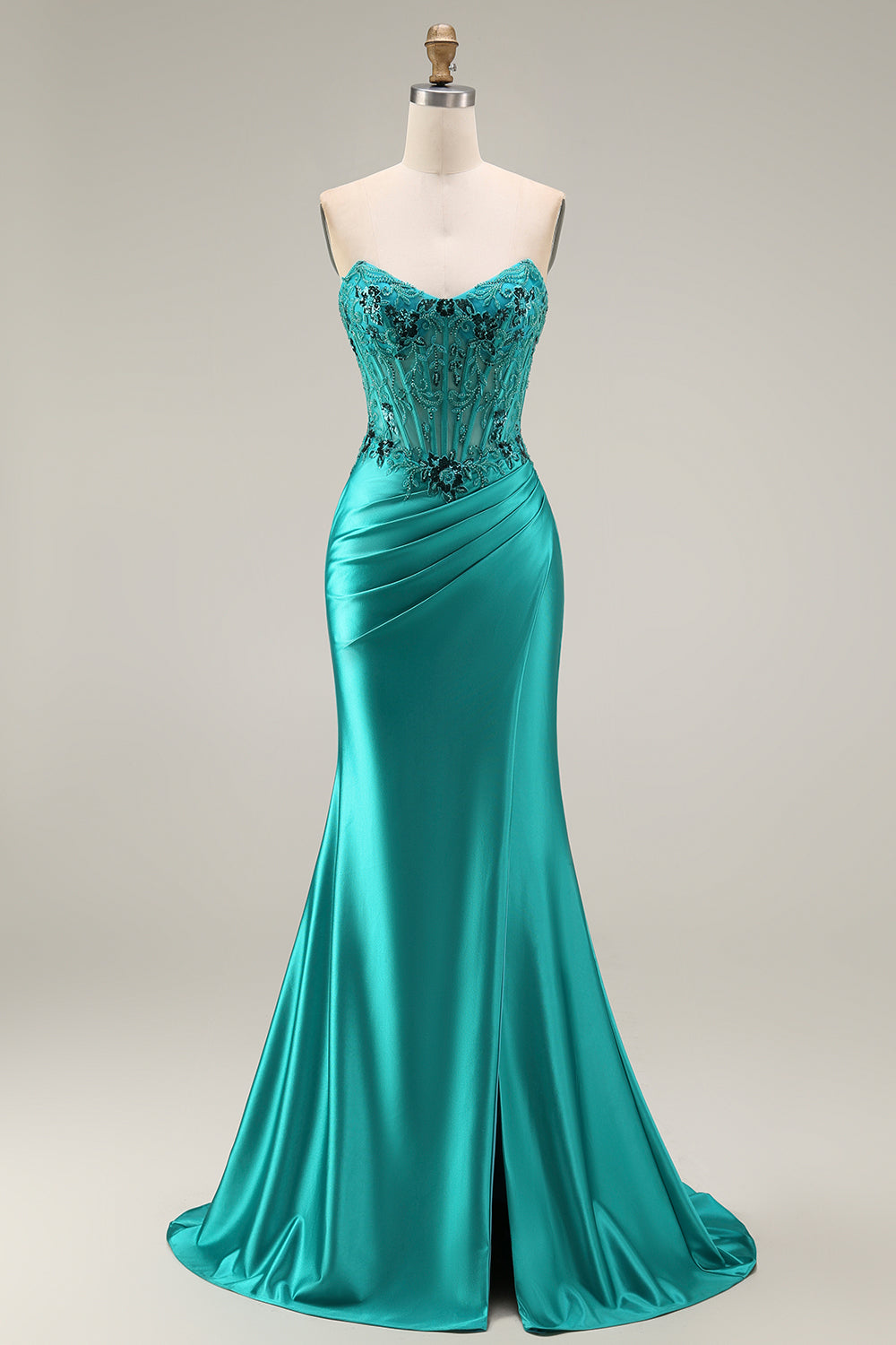 Peacock Floral Corset Ruched Mermaid Strapless Long Prom Dress with Slit