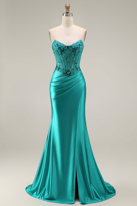 Peacock Floral Corset Ruched Mermaid Strapless Long Prom Dress with Slit