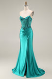 Peacock Floral Corset Ruched Mermaid Strapless Long Prom Dress with Slit