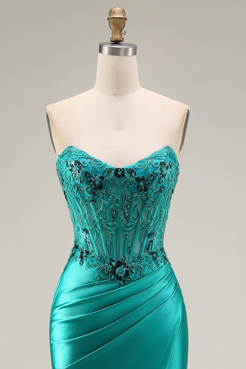 Peacock Floral Corset Ruched Mermaid Strapless Long Prom Dress with Slit