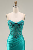 Peacock Floral Corset Ruched Mermaid Strapless Long Prom Dress with Slit