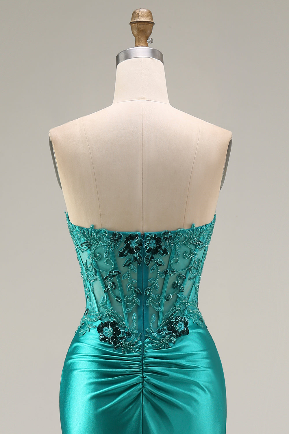 Peacock Floral Corset Ruched Mermaid Strapless Long Prom Dress with Slit
