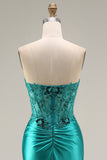 Peacock Floral Corset Ruched Mermaid Strapless Long Prom Dress with Slit
