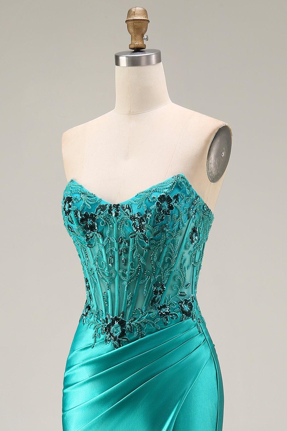 Peacock Floral Corset Ruched Mermaid Strapless Long Prom Dress with Slit