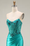 Peacock Floral Corset Ruched Mermaid Strapless Long Prom Dress with Slit