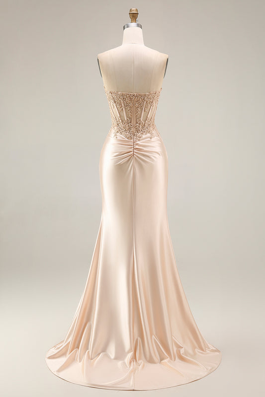 Corset Ruched Champagne Floral Appliqued Mermaid Long Prom Dress with Slit