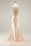 Corset Ruched Champagne Floral Appliqued Mermaid Long Prom Dress with Slit