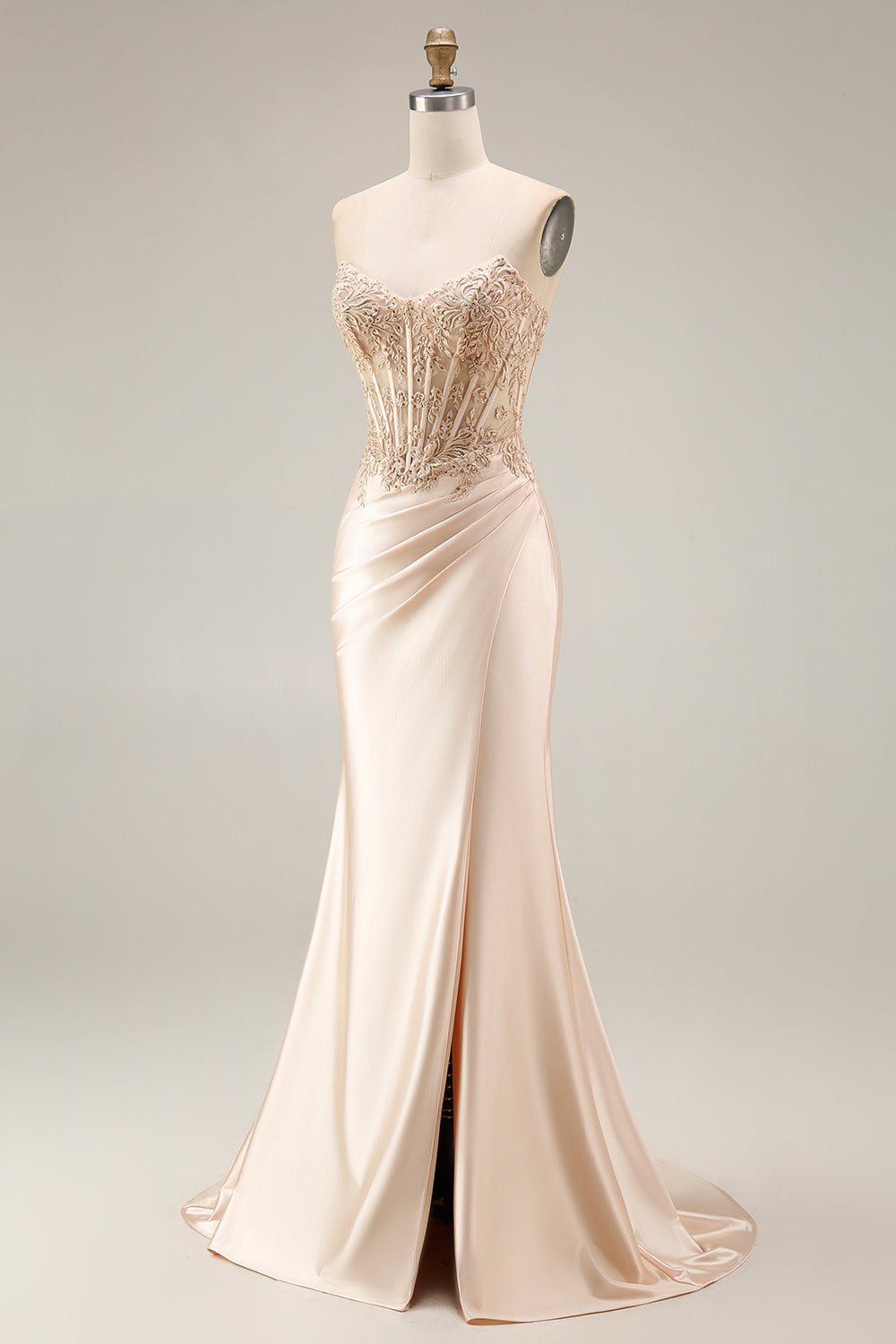 Corset Ruched Champagne Floral Appliqued Mermaid Long Prom Dress with Slit