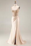 Corset Ruched Champagne Floral Appliqued Mermaid Long Prom Dress with Slit