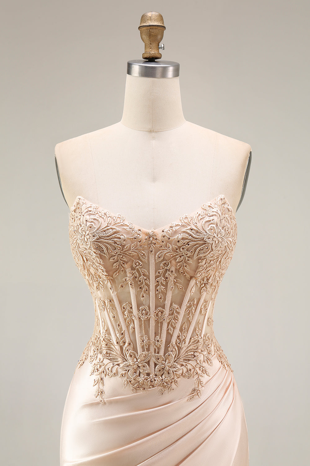 Corset Ruched Champagne Floral Appliqued Mermaid Long Prom Dress with Slit