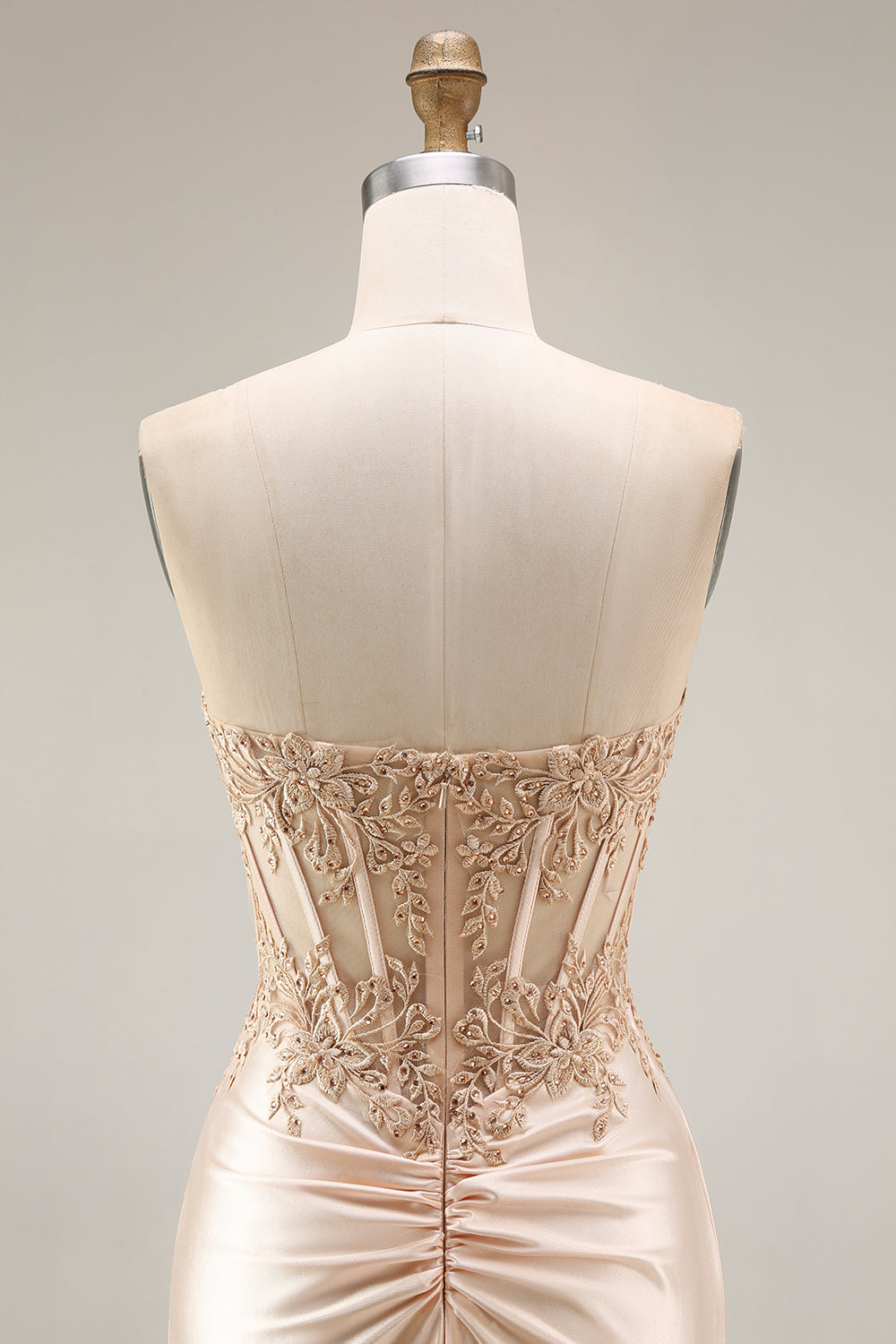 Corset Ruched Champagne Floral Appliqued Mermaid Long Prom Dress with Slit