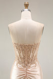 Corset Ruched Champagne Floral Appliqued Mermaid Long Prom Dress with Slit