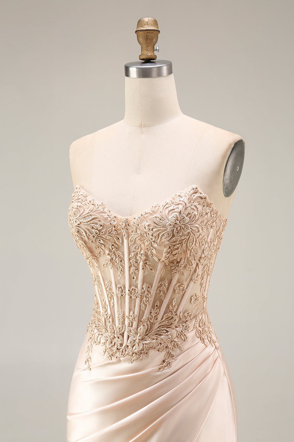 Corset Ruched Champagne Floral Appliqued Mermaid Long Prom Dress with Slit