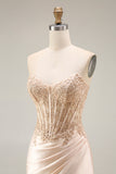 Corset Ruched Champagne Floral Appliqued Mermaid Long Prom Dress with Slit