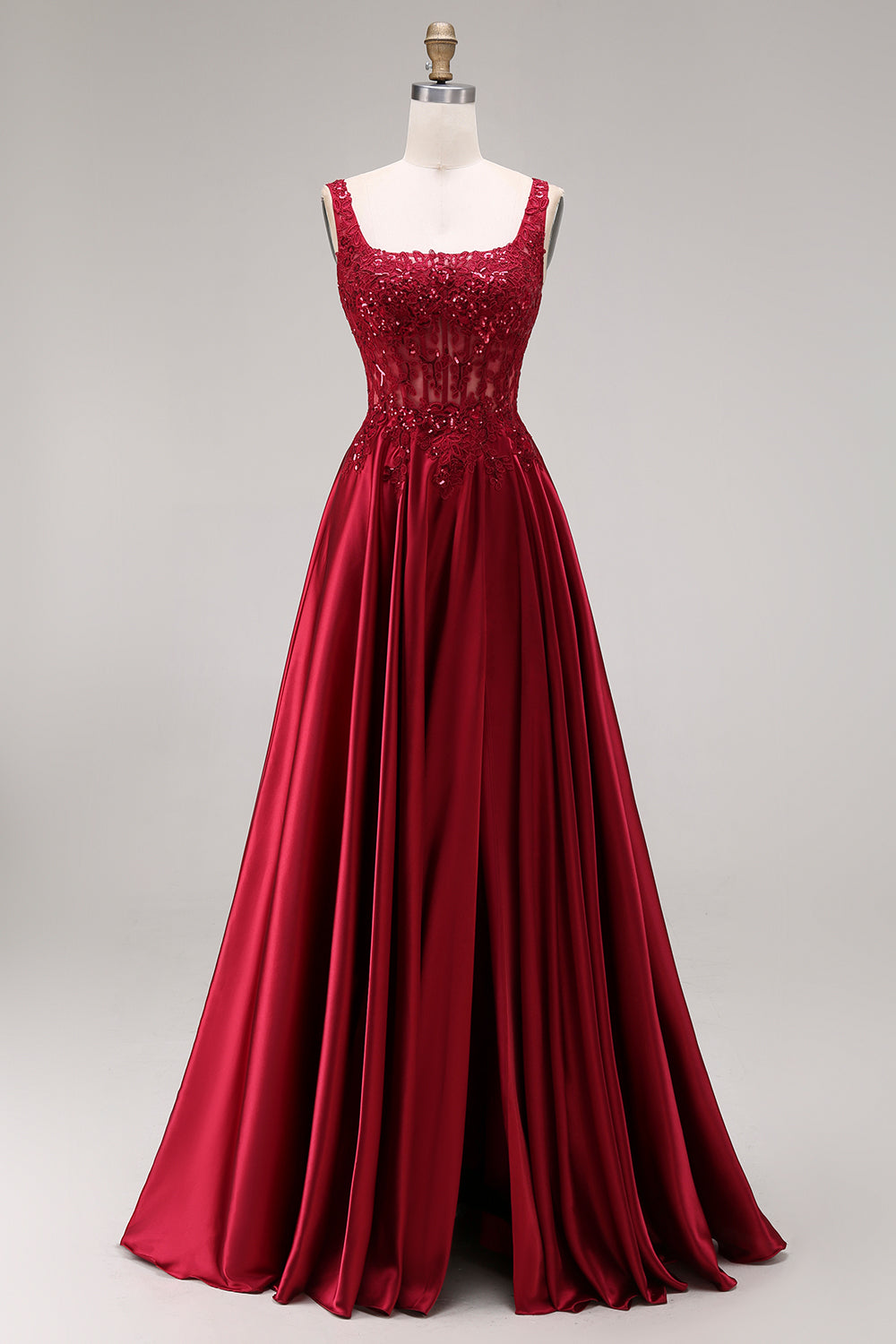 Burgundy Corset Square Neck A Line Floral Long Prom Dress