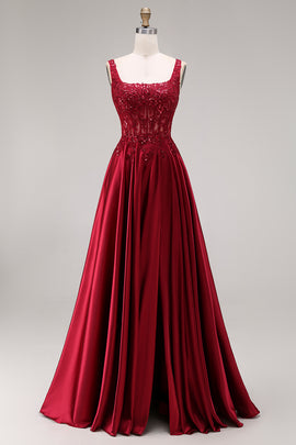 Burgundy Corset Square Neck A Line Floral Long Prom Dress